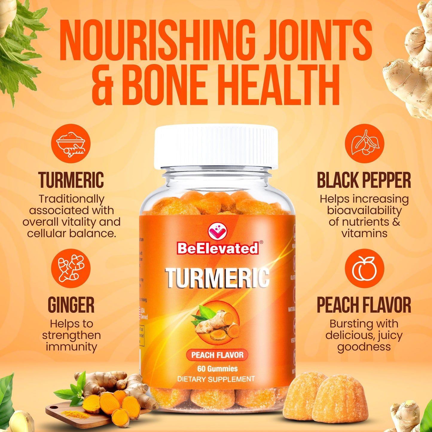 BeElevated Turmeric Gummy Vitamin | Black Pepper and Ginger Supplements for Joint Support | Vegetarian Gummies Supplement | Chewable Vitamins for Adults | (60 Count Bottle)