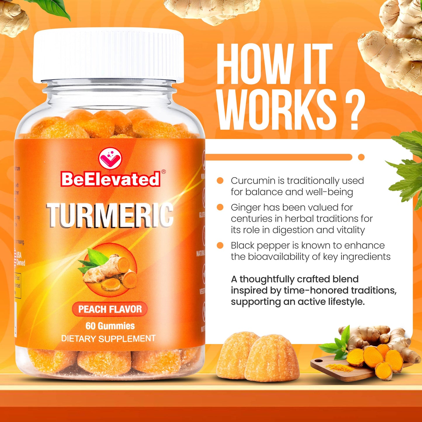 BeElevated Turmeric Gummy Vitamin | Black Pepper and Ginger Supplements for Joint Support | Vegetarian Gummies Supplement | Chewable Vitamins for Adults | (60 Count Bottle)