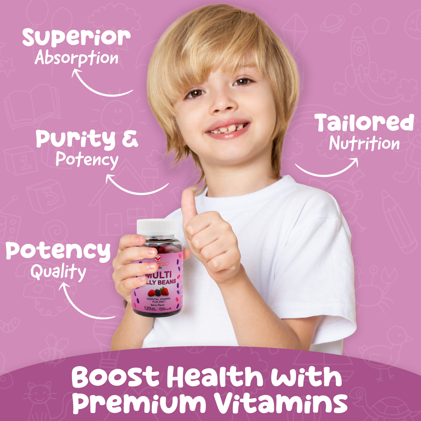 BeElevated Multivitamin Jelly Beans | Chewable Vitamins Gummies with Zinc for Kids - Immune Support Vitamin Supplements | Vegetarian Multivitamins Gummy Supplement for Childrens | 120 Berry Beans