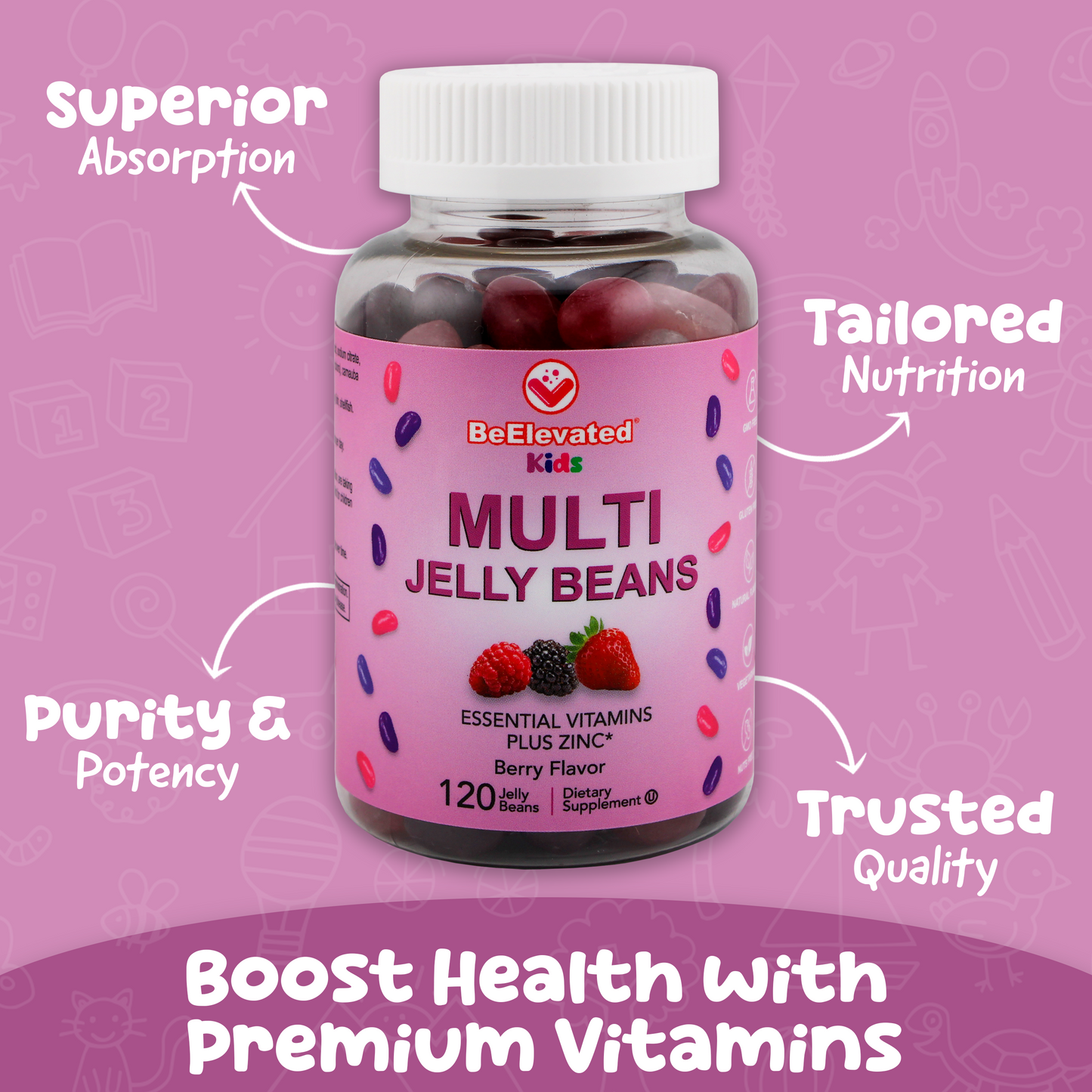 BeElevated Multivitamin Jelly Beans | Chewable Vitamins Gummies with Zinc for Kids - Immune Support Vitamin Supplements | Vegetarian Multivitamins Gummy Supplement for Childrens | 120 Berry Beans