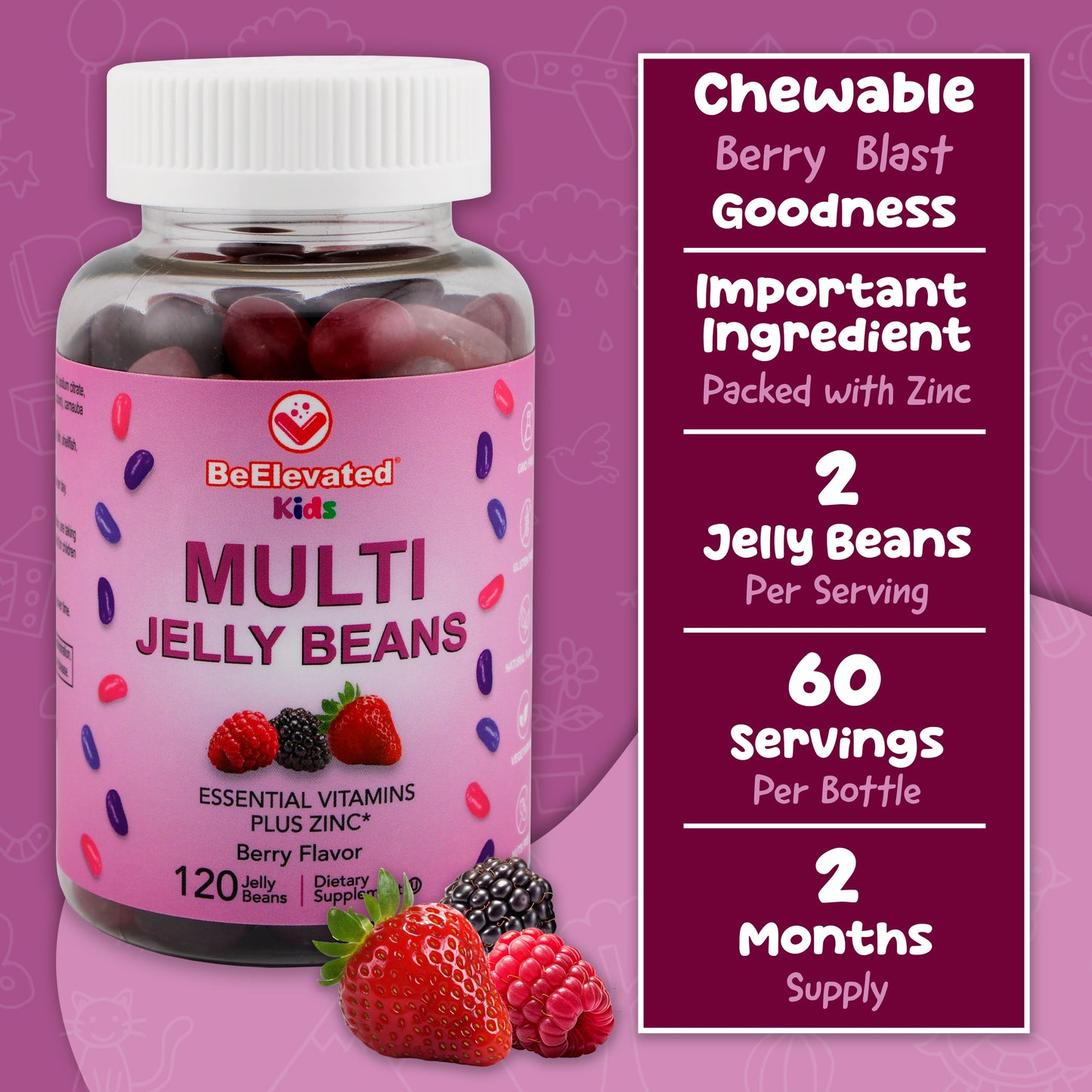 BeElevated Multivitamin Jelly Beans | Chewable Vitamins Gummies with Zinc for Kids - Immune Support Vitamin Supplements | Vegetarian Multivitamins Gummy Supplement for Childrens | 120 Berry Beans