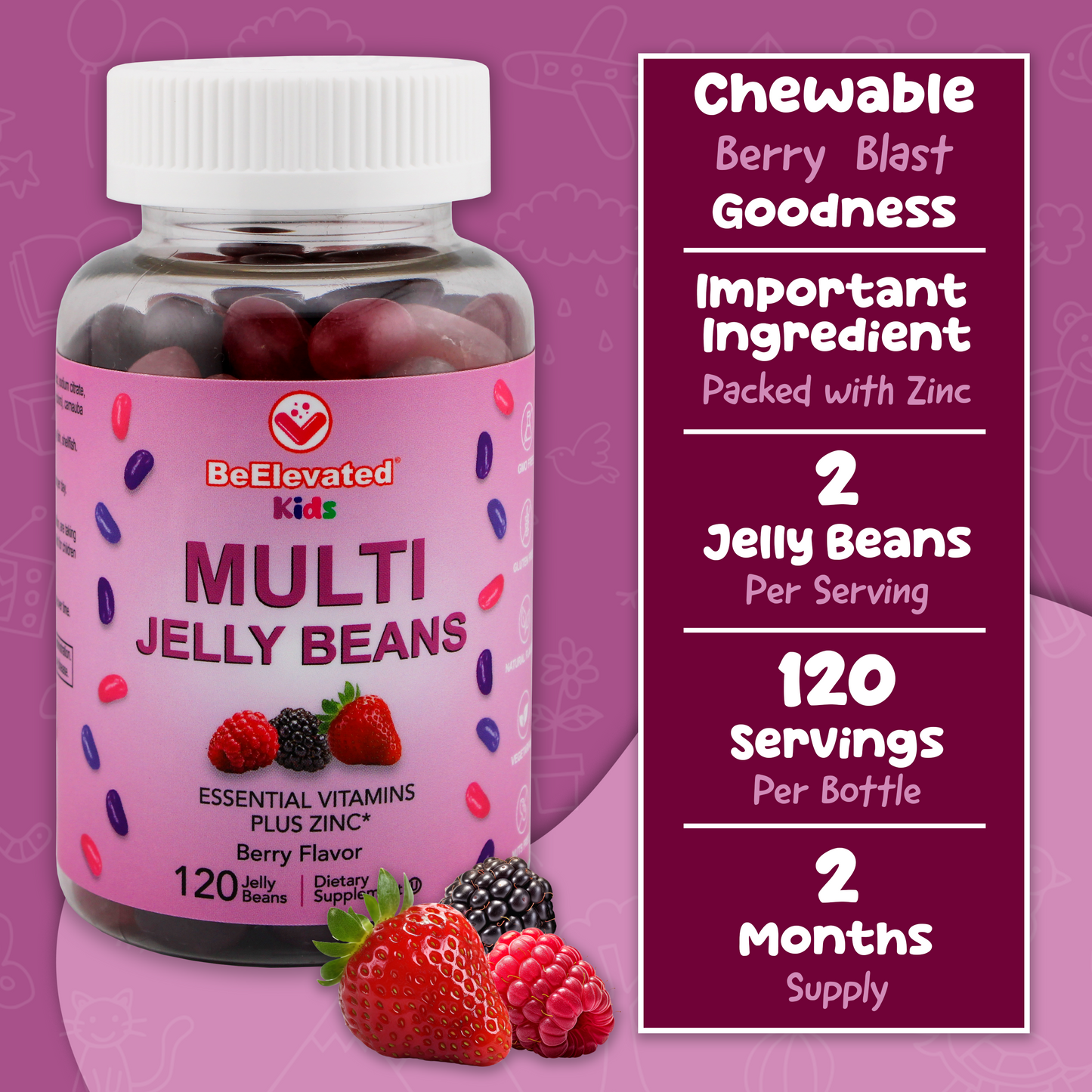 BeElevated Multivitamin Jelly Beans | Chewable Vitamins Gummies with Zinc for Kids - Immune Support Vitamin Supplements | Vegetarian Multivitamins Gummy Supplement for Childrens | 120 Berry Beans