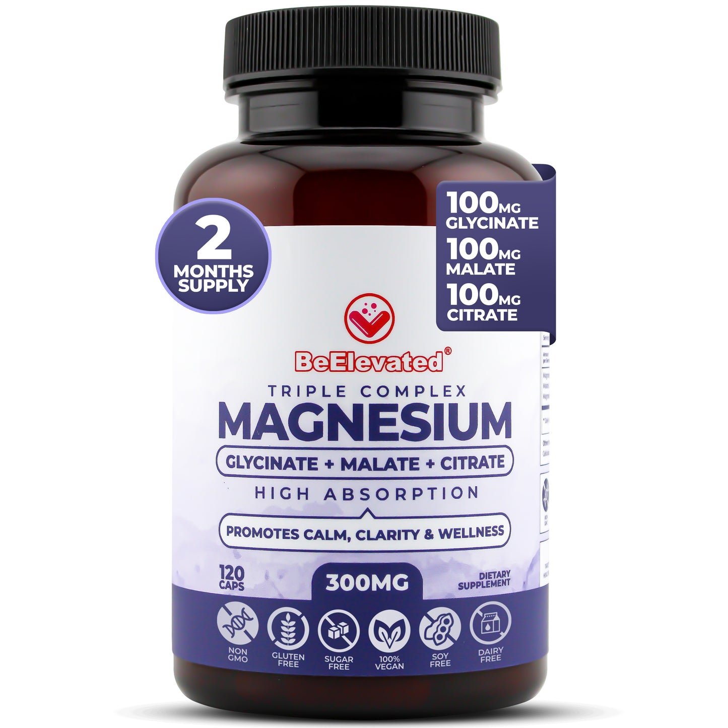 BeElevated Triple Complex Magnesium Supplement | Fast-Acting Magnesium Complex Supplement with Glycinate, Citrate & Malate for Relaxation, Sleep & Well-Being | Natural, Vegan, Non-GMO Capsules (300mg)