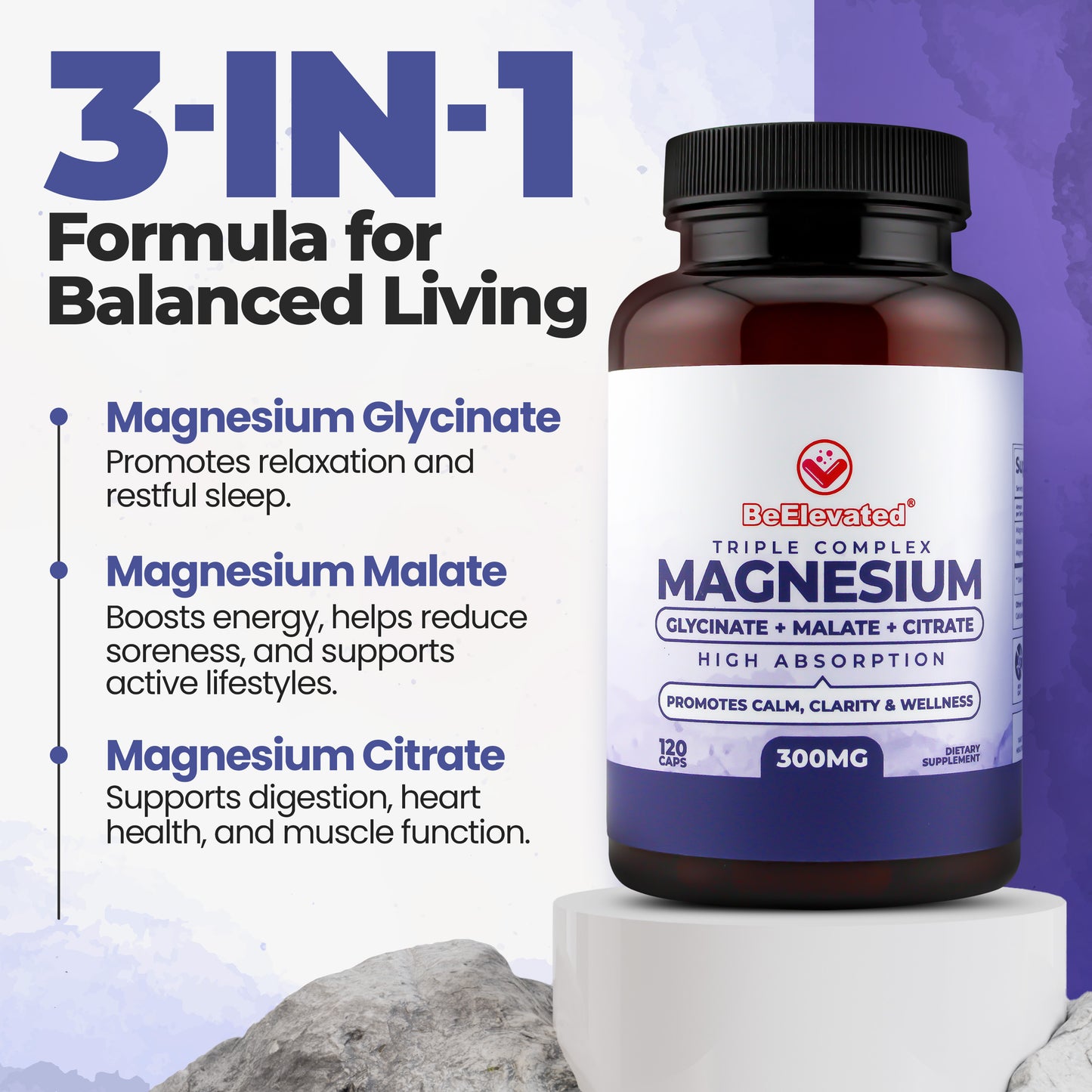 BeElevated Triple Complex Magnesium Supplement | Fast-Acting Magnesium Complex Supplement with Glycinate, Citrate & Malate for Relaxation, Sleep & Well-Being | Natural, Vegan, Non-GMO Capsules (300mg)