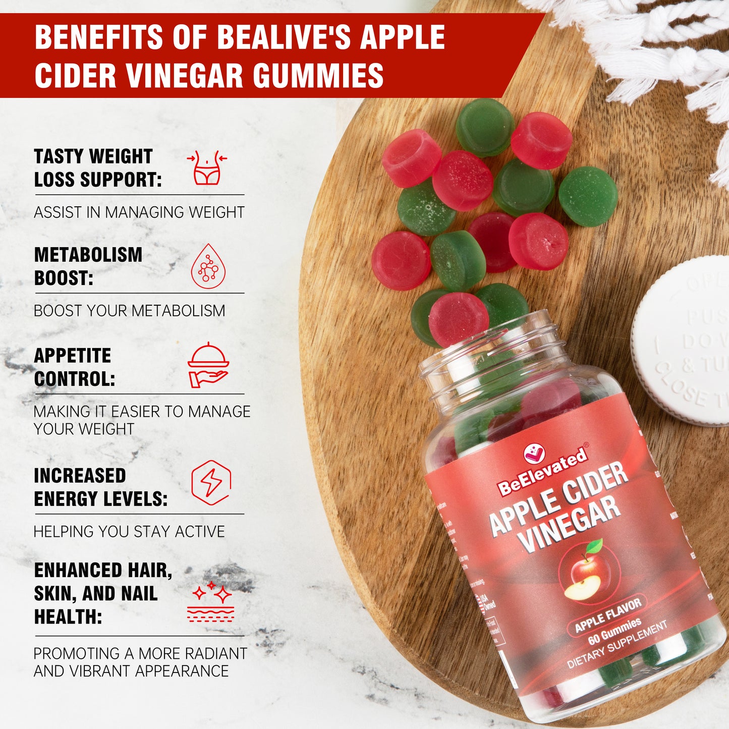 BeElevated Apple Cider Vinegar Gummy | Ginger Supplements for Women & Men | 500mg ACV Gummies Supplement | Non-GMO Apple Flavor Vitamins Chewable | (60 Count Bottle)