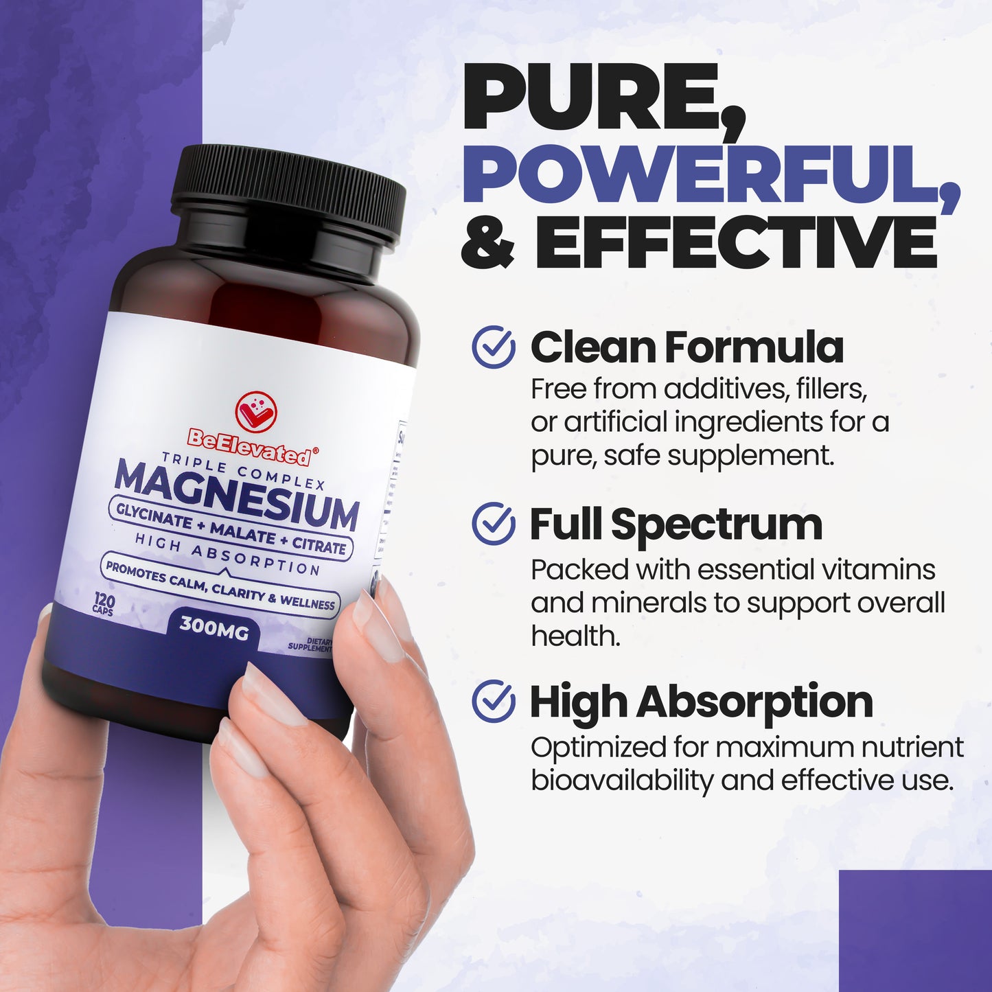 BeElevated Triple Complex Magnesium Supplement | Fast-Acting Magnesium Complex Supplement with Glycinate, Citrate & Malate for Relaxation, Sleep & Well-Being | Natural, Vegan, Non-GMO Capsules (300mg)