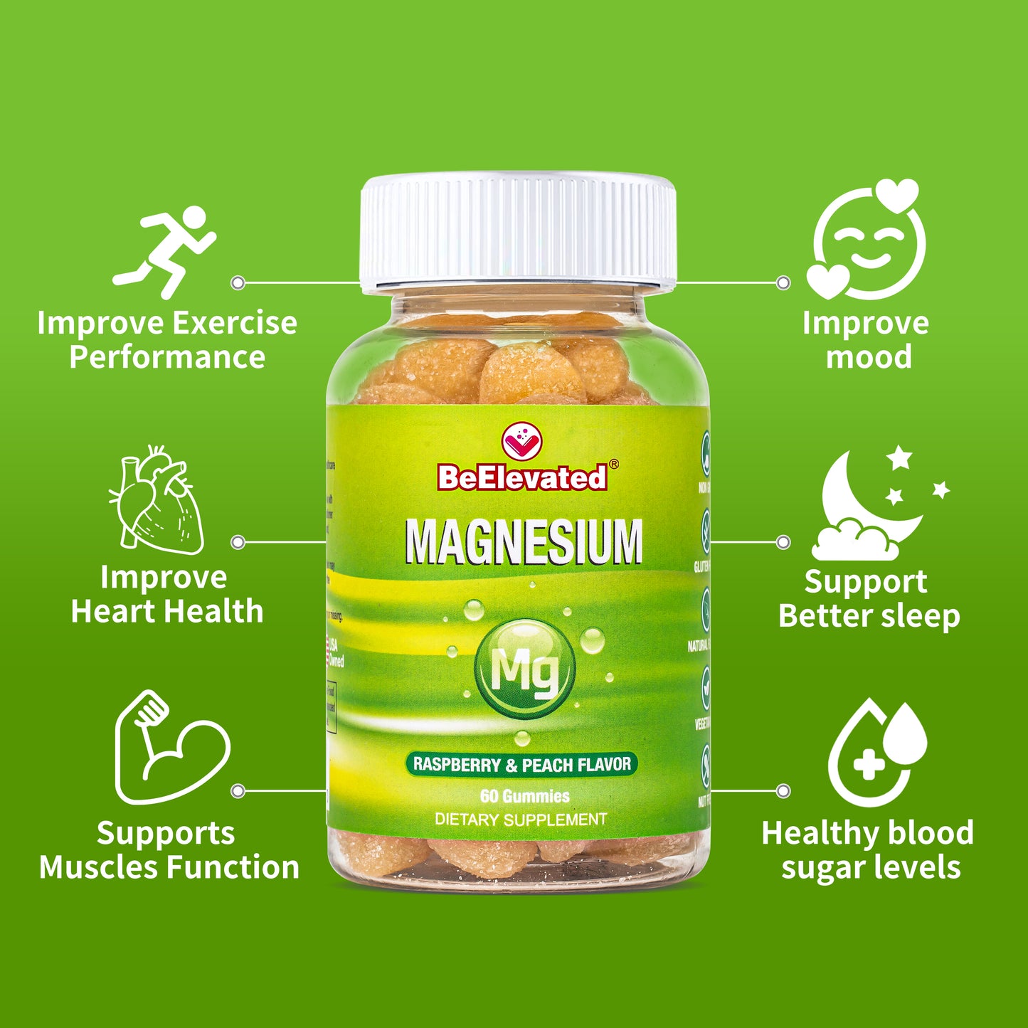 BeElevated Magnesium Citrate Gummy Vitamin | Supplements for Relaxation & Daily Wellness | Peanut Free Gummies Supplement for Adults | Raspberry and Peach Flavor Chewable | 60 Count