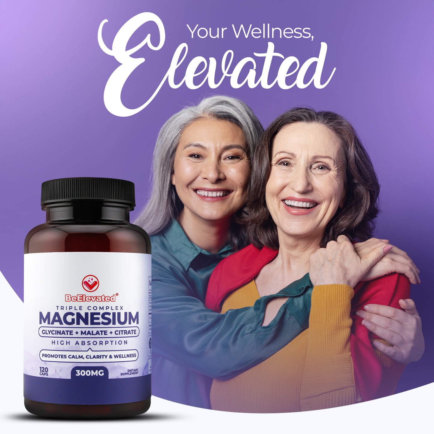 BeElevated Triple Complex Magnesium Supplement | Fast-Acting Magnesium Complex Supplement with Glycinate, Citrate & Malate for Relaxation, Sleep & Well-Being | Natural, Vegan, Non-GMO Capsules (300mg)