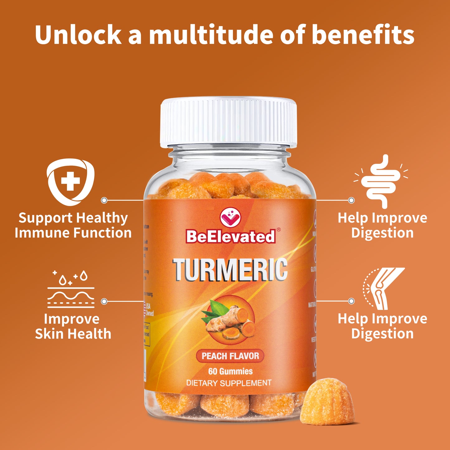 BeElevated Turmeric Gummy Vitamin | Black Pepper and Ginger Supplements for Joint Support | Vegetarian Gummies Supplement | Chewable Vitamins for Adults | (60 Count Bottle)