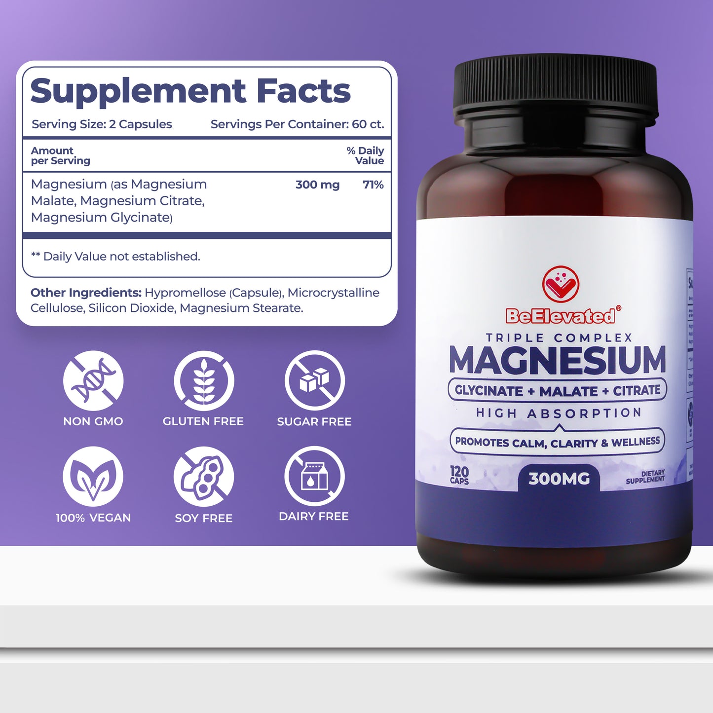 BeElevated Triple Complex Magnesium Supplement | Fast-Acting Magnesium Complex Supplement with Glycinate, Citrate & Malate for Relaxation, Sleep & Well-Being | Natural, Vegan, Non-GMO Capsules (300mg)