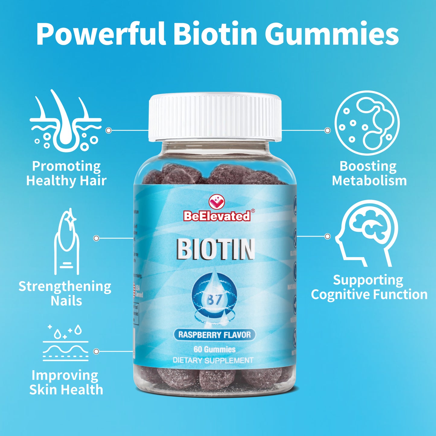 BeElevated Biotin Gummy | Hair and Nails Strength Growth Supplements | 10000MCG Skin Chewable Gummies Supplement | Raspberry Flavor Vitamins (60 Count Bottle)