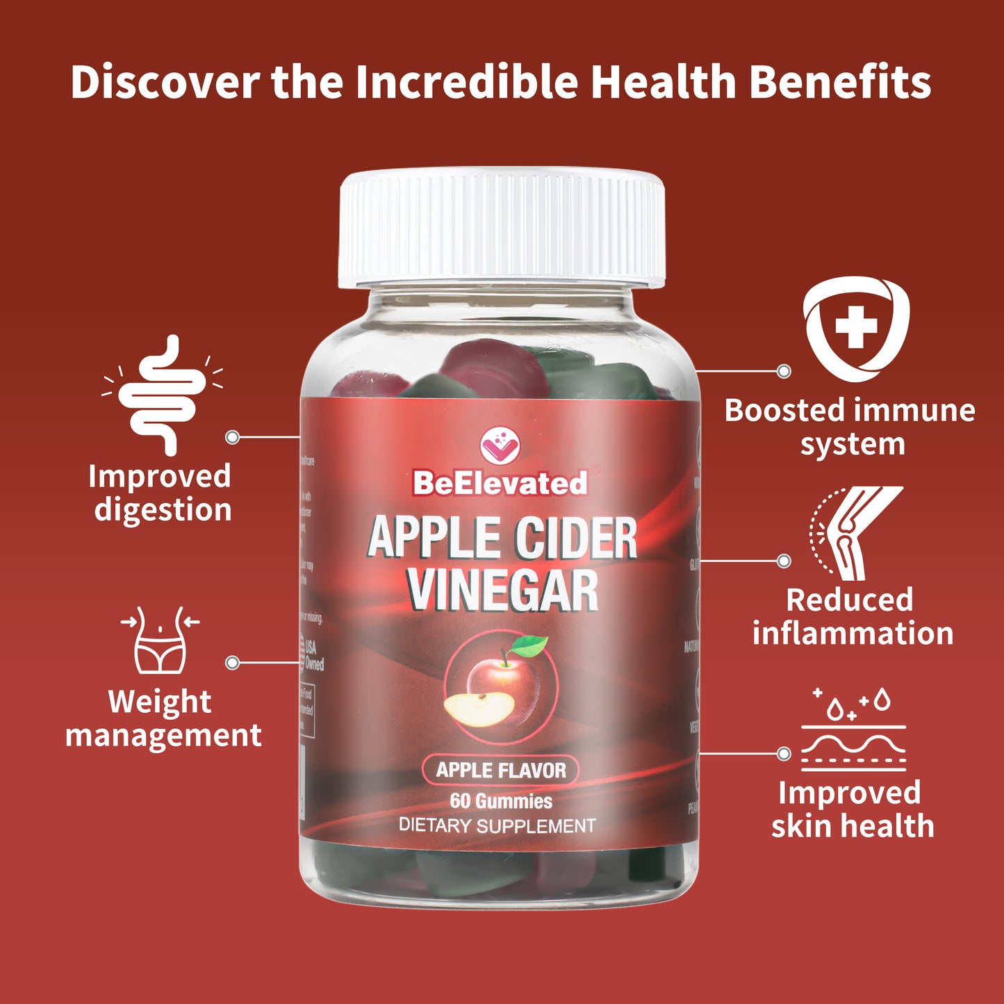 BeElevated Apple Cider Vinegar Gummy | Ginger Supplements for Women & Men | 500mg ACV Gummies Supplement | Non-GMO Apple Flavor Vitamins Chewable | (60 Count Bottle)