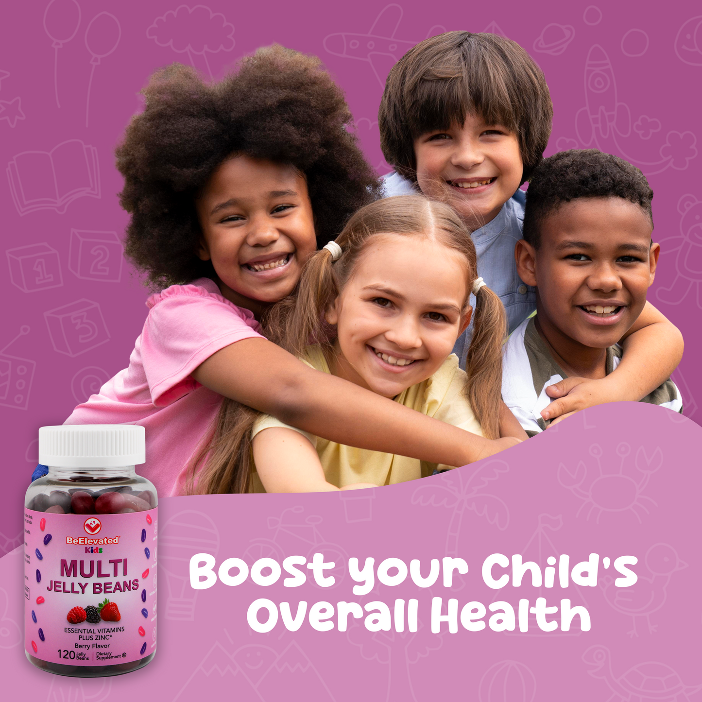 BeElevated Multivitamin Jelly Beans | Chewable Vitamins Gummies with Zinc for Kids - Immune Support Vitamin Supplements | Vegetarian Multivitamins Gummy Supplement for Childrens | 120 Berry Beans